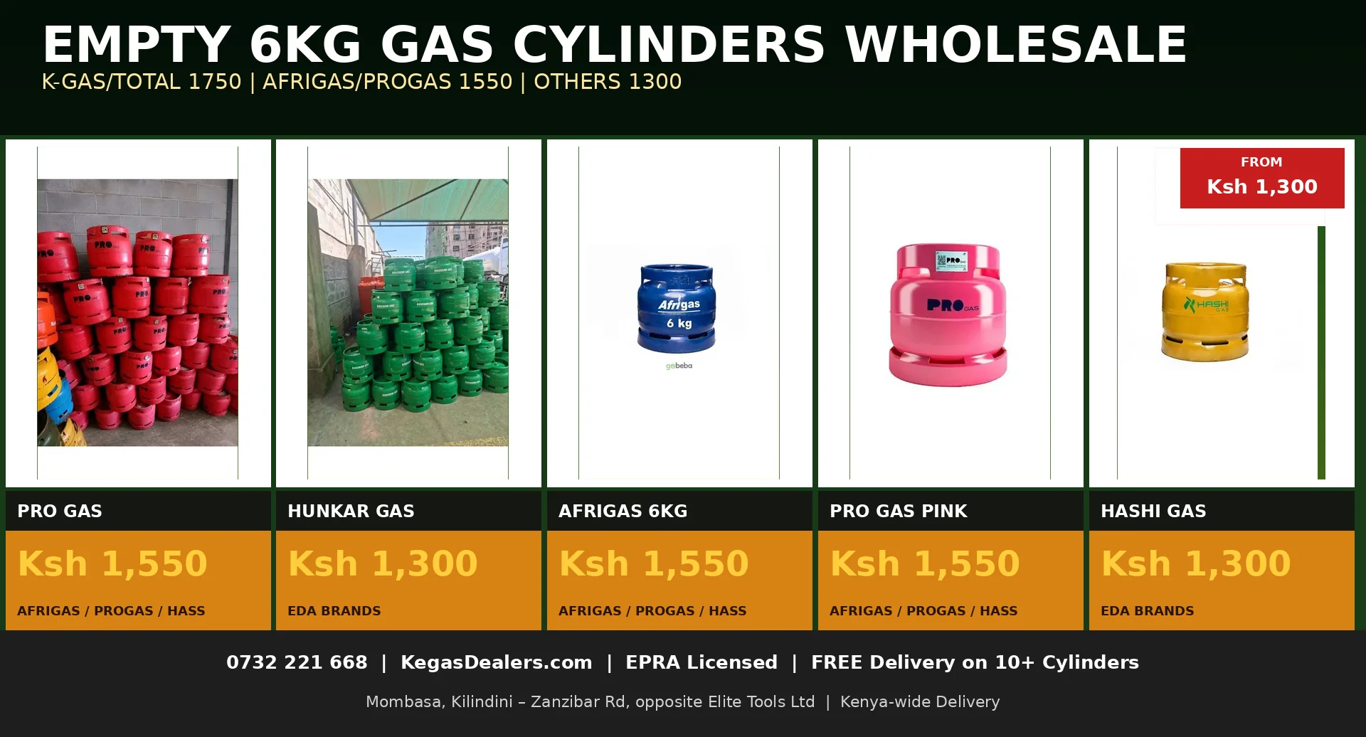 Empty 6kg gas cylinder price in Kenya - K-Gas, Total, Afrigas, ProGas and EDA brands from KSh 1,300